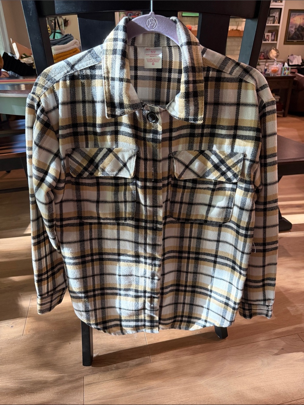 Womens Plaid Button-Up Shirt Jacket in Cream & Mustard